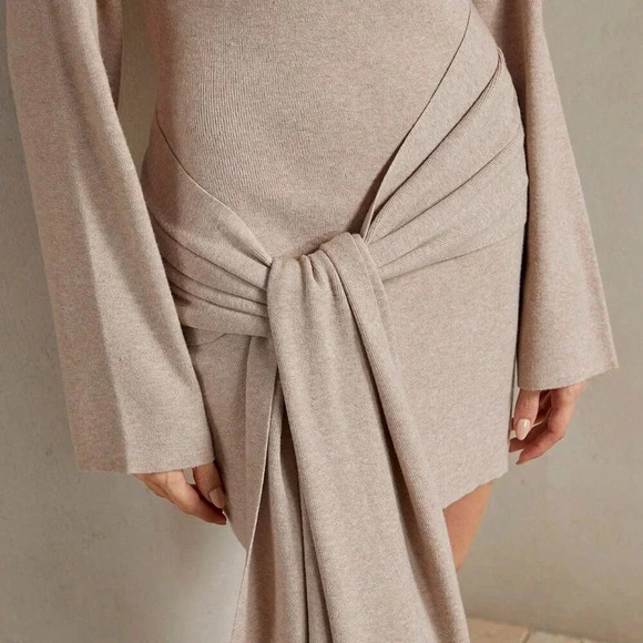 Apricot Casual Women's Crew Neck Long Sleeve Tie Hem Casual Sweater Dress - Picture 7 of 7